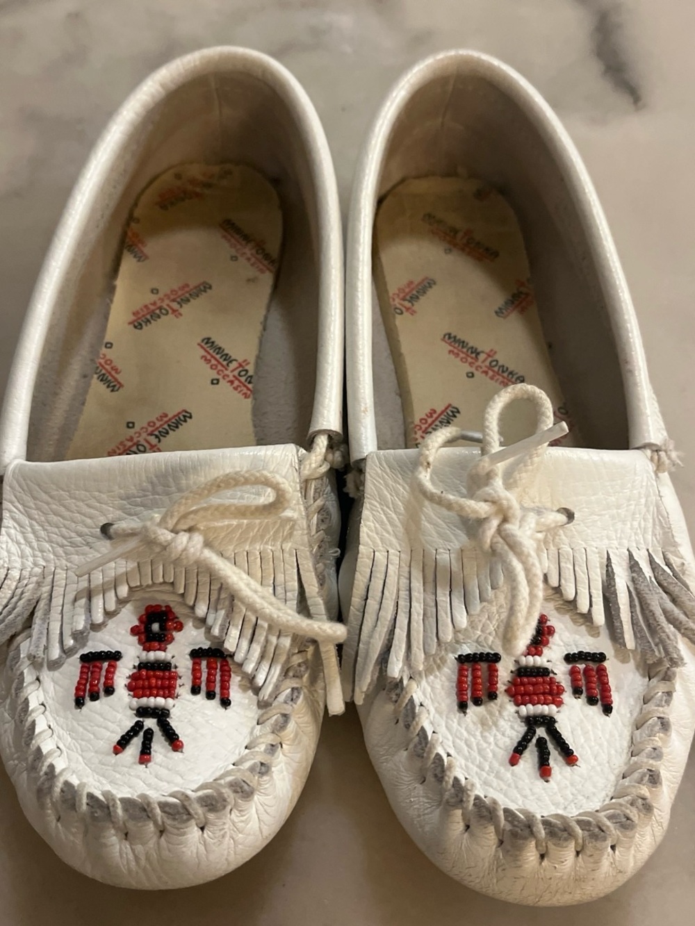 Minnetonka White Leather Beaded Fringe Moccasins with Red & Black Beadwork
